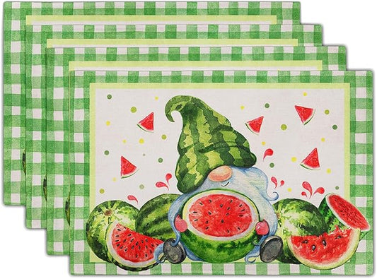 Watercolor Watermelon Gnomes Placemats Set of 4,Green Buffalo Check Plaid Rectangular Linen Kitchen Mats Summer Seasonal Place Mat 12 x 18 Inch for Kitchen Dining Table Decor