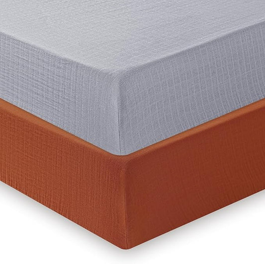 Muslin Crib Sheets for Boys Girls, 2 Pack 100% Cotton Soft Breathable Fitted Baby Sheet Set, 28x52 Inch Fits Standard Crib and Toddler Mattresses, Brown & Grey