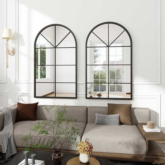 Arched Wall Mirror Wall Decorative, Iron Framed Window Pane Mirrors,38" x 24" Window Mirror, Arched Top Wall Mirror for Entryway Living Room, Bedroom, Fireplace .(Black)