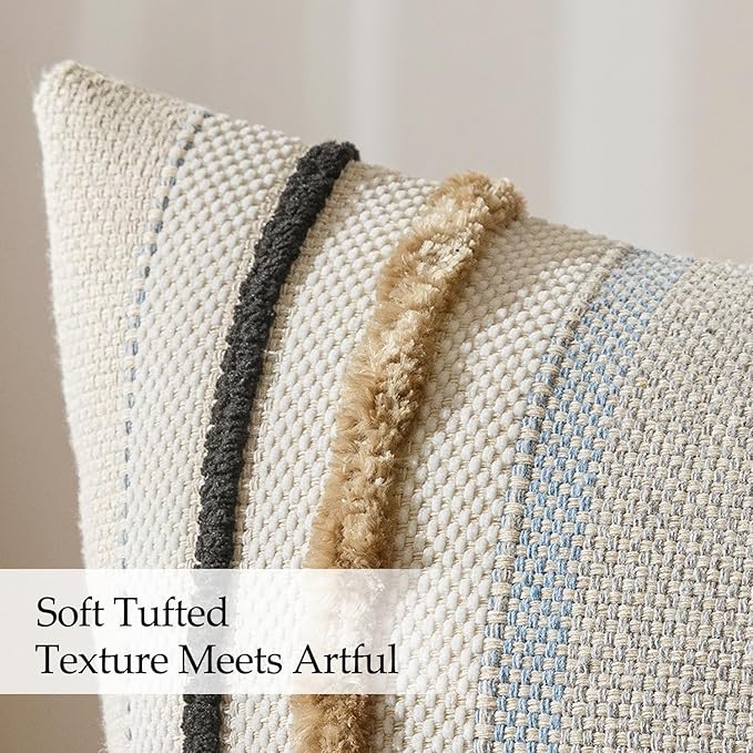 ANRODUO Pack of 2 Boho Decorative Throw Pillow Covers 18x18 Farmhouse Cushion Case Striped Chenille Pillow Cases Square Pillow Covers Accent Neutral Pillowcase for Sofa Couch Bed, Light Blue Stripe