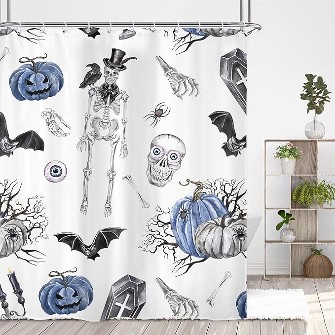 Skull Halloween Bat Shower Curtain 60Wx72L Inch Pumpkin Spooky Scary Skeleton Grave Blue Black Holiday Bathroom Set Accessories Decor Polyester Waterproof with 12 Pack Hooks