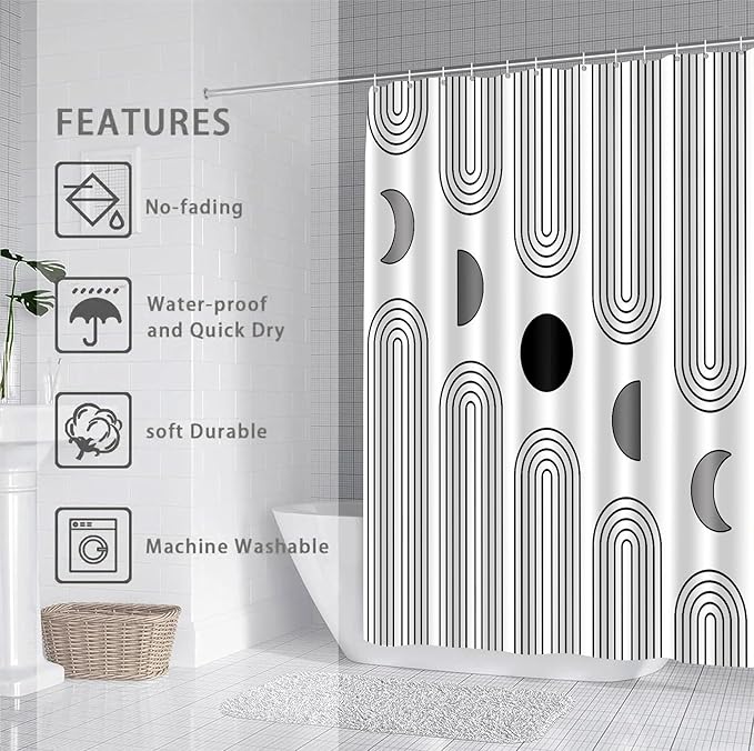 Boho Shower Curtains for Bathroom Mid Century Minimalist Abstract Aesthetic Modern Bathroom Decor Curtain Machine Washable Waterproof Fabric with 12 Hooks (White Minimalist, 72" x 72")