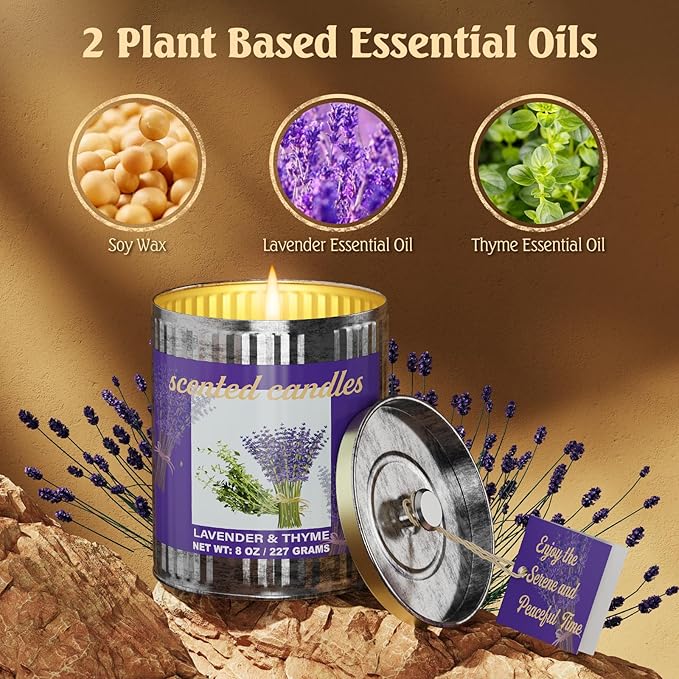 Vintage Scented Candles Gift Set (2 x 8 oz) - Lavender & Thyme Aromatherapy Candle, Natural Soy Wax Candle, (2 x40) Hours Burn, 8% Fragrance Oil, Holiday Gifts for Home Decor, Relaxation & Christmas