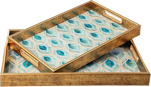 Glitzhome Serving Tray with Handles, Set of 2 Rectangle Wooden & Plastic Peacock Feathers Pattern Decorative Trays Storage Tray for Living Room Ottoman Party Supplies, 17.5" x12.5" and 15.75" x 9.75"