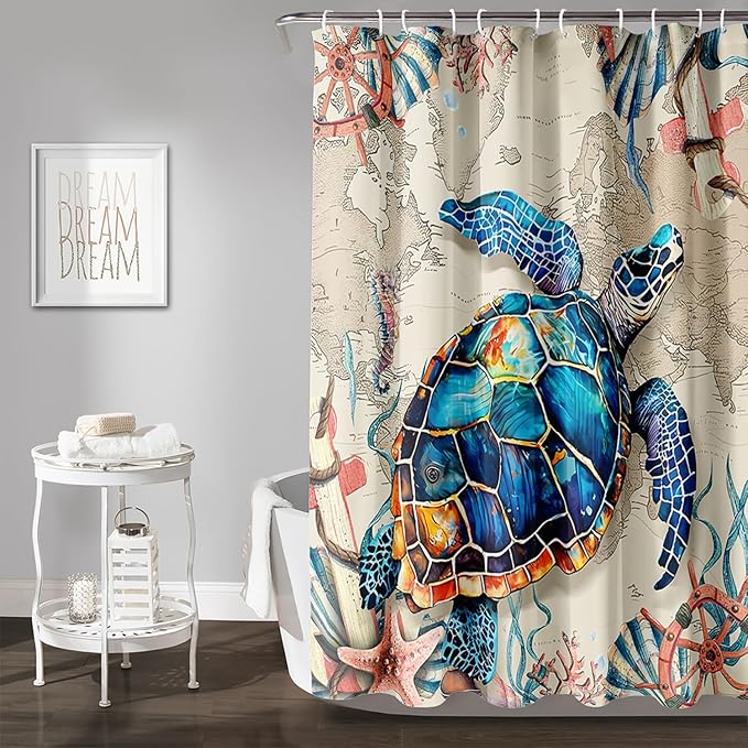 AILONEN Sea Turtle Shower Curtain, Retro World Map Voyage Coast Ocean Bath Curtain,Sea Turtle Bathroom Curtain Decor,Boys Adults Polyester Waterproof 72" W*78" H Shower Curtain (12 Hooks)