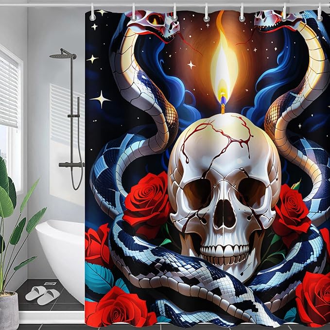 AILONEN Skull Shower Curtain for Bathroom,Red Rose Terror Snake Skull Bath Curtain,Goth Skull Skeleton Print Waterproof Curtain with 12 Plastic Hooks, 48" W*72" H