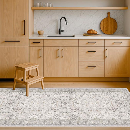 Light Gray Washable 2'6"x8' Wide Hallway Runners, Kitchen Runner Rug, Non-Slip & Stain Resistant Long Floor Rug, Neutral Boho Floral Décor