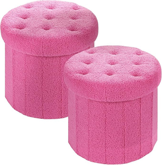 Ottoman with Storage, Foot Rest Stool with Thicker Foam Padded Seat Teddy Velvet Small Round 14“ x 14” x 13 "Inchs Storage Ottoman Bench for Living Room Foldable Pouf Coffee Table 2 Pack, Pink