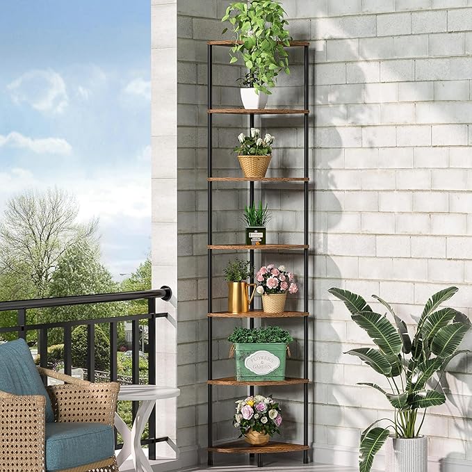 Corner Plant Stand Shelf, 7 Tier Tall Plant Stand for Indoor Plants, Rustic Brown Corner Book Wall Decor Living Room, 64.7" Display Shelf for Bedroom, Bathroom, Small Space