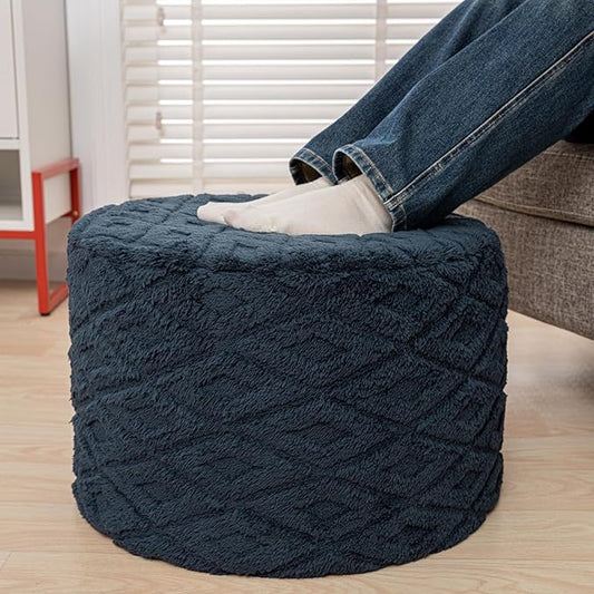 Fluffy Round Ottoman Pouf with All-in-One Foam Filling 20" x 14" Furry Ottoman Foot Rest Foot Stool for Living Room or Bedroom (Navy Blue)