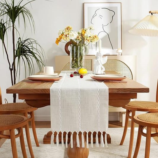 Rustic Farmhouse Style Linen Table Runner, Boho Handmade Fringe Braided Stripe Table Runners 60 Inches Long for Holiday Party, Wedding and Dining Decorations, 13 inchW X 60 inchL - Ivory