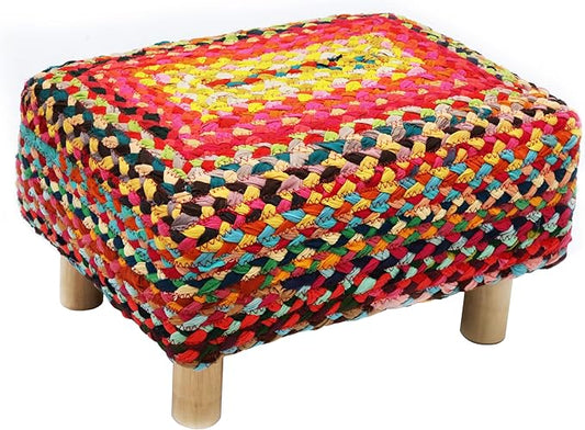 COTTON CRAFT Multi Chindi Footrest - Braided Cotton Rag Rug Foot Stool Ottoman with Sturdy Wood Legs – Handmade Boho Leg Rest - Small Spaces Under Desk Living Room Entryway Low Footstool - 16.5x12x9.5