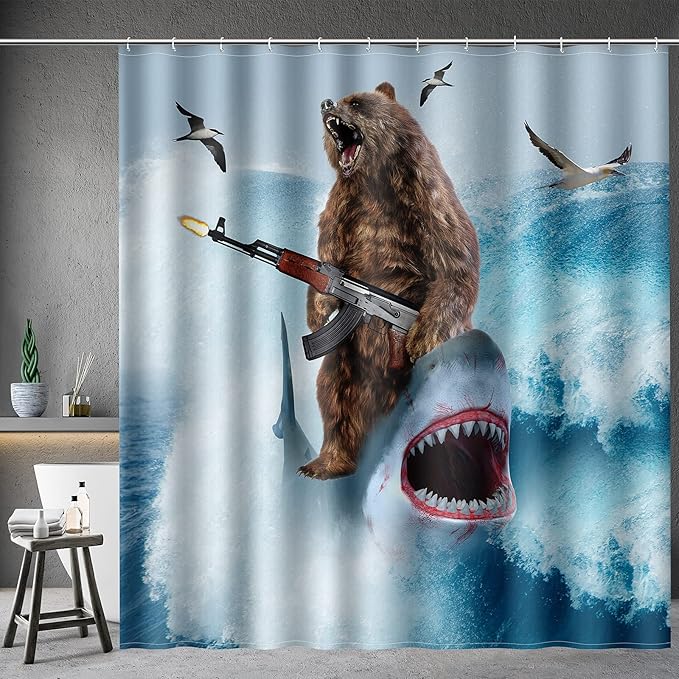 Funny Shark Bear Shower Curtain - Fun Bear Riding Shark in Ocean Wave Cool Shower Curtains Set with 12 Hooks for Adults Wild Bathroom Decor Accessories, 72"x72", Blue Brown