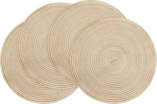 Floroom 15 Inch Round Braided Placemats Set of 4, Washable Heat Resistant Cotton Polyester Circle Place Mats for Kitchen Dining Table - Dunes Khaki