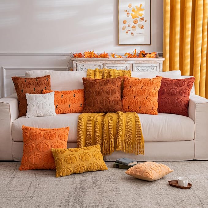 Pumpkin Fall Decorative Throw Pillow Covers 20"x20", Set of 2 Orange Brown Soft Faux Fur Pillow Covers for Autumn Harvest, Fluffy Plush Accent Pillow Cases for Farmhouse Halloween Decor