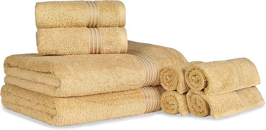 Superior Egyptian Cotton 8-Piece Towel Set, Assorted Towels for Home Bathroom, Guest Bath Decor Essentials, Includes 2 Bath, 4 Hand, 2 Face Towels/Washcloths, Quick Dry, Absorbent, Gold