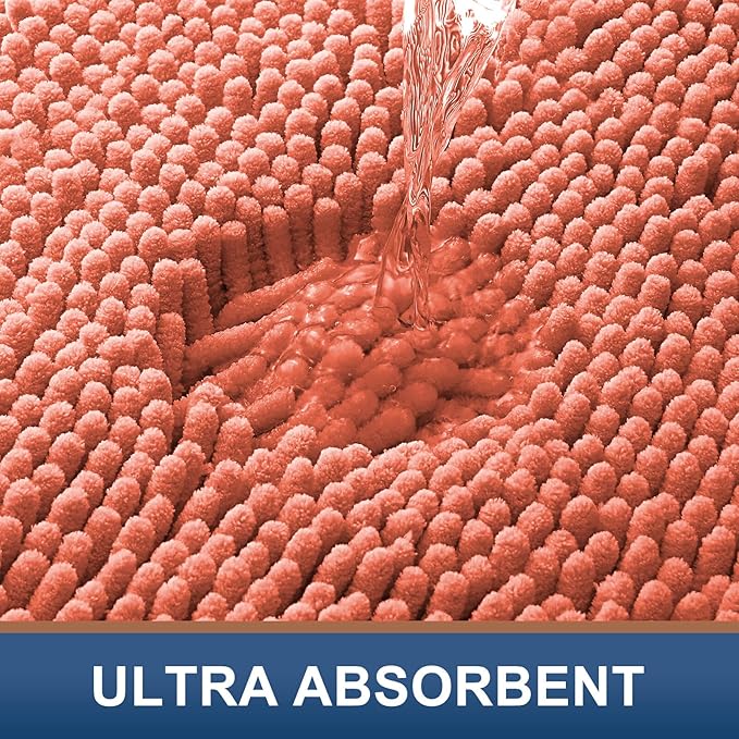 Smiry Luxury Chenille Bathroom Rugs 47x17, Extra Soft and Absorbent Shaggy Bath Mat, Machine Washable, Non-Slip Plush Carpet Runner for Tub, Shower, and Floor, Home Decor Accessories, Coral