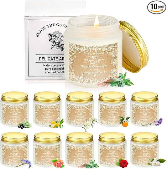 MTLEE 10 Pcs Christmas Soy Wax Candle 3.5 oz Christmas Scented Jar Bright New Year Heart Thank You Gift Light Candle Happy Candles Holiday Gift for Family Nurse Coworker Employee(Sweet Flavor)
