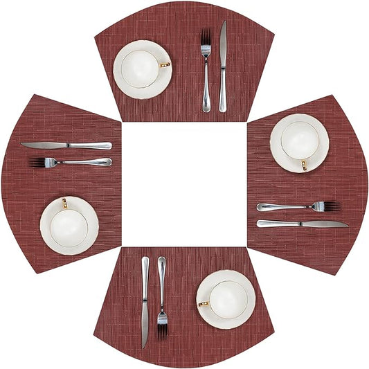 SHACOS Small Round Table Placemats Set of 4 Wedge Placemats Burgundy Red Heat Resistant Table Mats Wipe Clean (4, Burgundy Red)