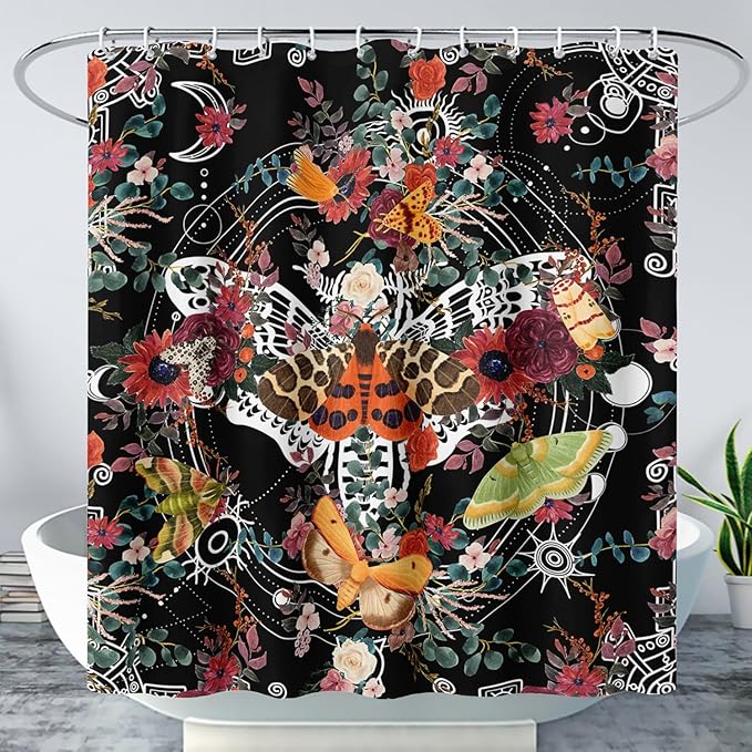 AILONEN Death Moth Shower Curtain,Sun Moon Shower Curtain Set for Kids Girls Boys,Boho Natural Plants Bathroom Decor Shower Curtain with 12 Hooks,48" W*72" H