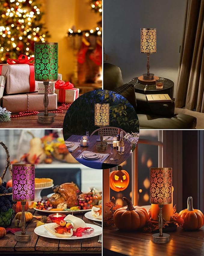 UMEXUS Cordless Table Lamp with Remote, Timer & Dimmer, RGB Small Rechargeable Battery Operated, Touch Bedside Night Lights, Antique Bronze Ambient Lighting, Patio Dining Side End Table Lamp