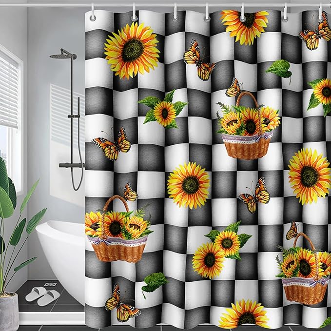 AILONEN Sunflower Shower Curtain for Bath Curtain,Black and White Grid Butterfly Bath Curtain,Garden Flower Yellow Floral Waterproof Shower Curtain 72" W x 78" H