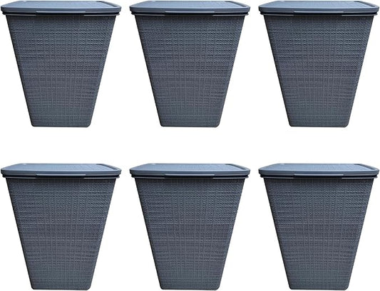 YBM Home Plastic Rattan Laundry Hamper Basket with Hinged Lid, Ventilation Holes, Durable, Lightweight Bin With Cutout Handles, Storage Dirty Clothes, Space Saver, 16.75" x 13.5" x 23.75", Grey,6-Pack