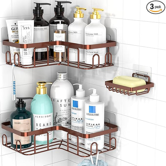 Moforoco Adhesive Corner Shower Caddy, 3 Pack Organizer with Soap Holder and 12 Hooks, Rustproof Shower Shelves for Bathroom, Brown