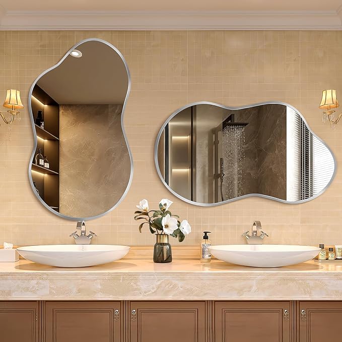 Bathroom Mirror - Silver Irregular Wall Mirrors Decorative 26"x46" Asymmetrical Tempered Glass Aviation Aluminum Alloy Frame for Vanity, Bedroom, Living Room, Cloakroom, Entryway