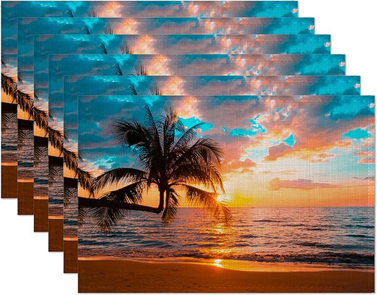 Tropical Palm Placemats Set of 6,Sunset Trees Sea Beach Table Mats Non-Slip Heat Resistant Washable Placemat for Party Kitchen Dining Table Decoration Indoor Outdoor