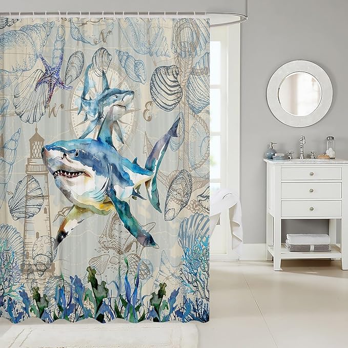 Feelyou Shark Fabric Shower Curtain Under Sea Animals Themed Shower Curtain for Kids Shells and Corals Bathroom Waterproof Accessories with 12 Hooks Watercolor Blue and Brown Curtains,72X72 Inches