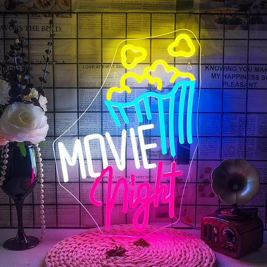 Lucunstar Movie Night With Popcorn Neon Sign, Room Lights for Wall Decor, Dimmable USB Neon Lights for Party, Theater Decor for Home