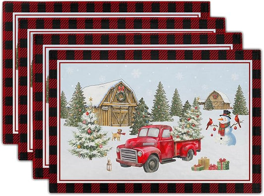 Giwawa Christmas Truck Placemats Set of 4 Winter Snowman Xmas Trees Place Mat with Black Red Buffalo Plaids 12"x18" Snow Farm Scene Non Slip Table Mats for Kitchen Dining Holiday Party Decor