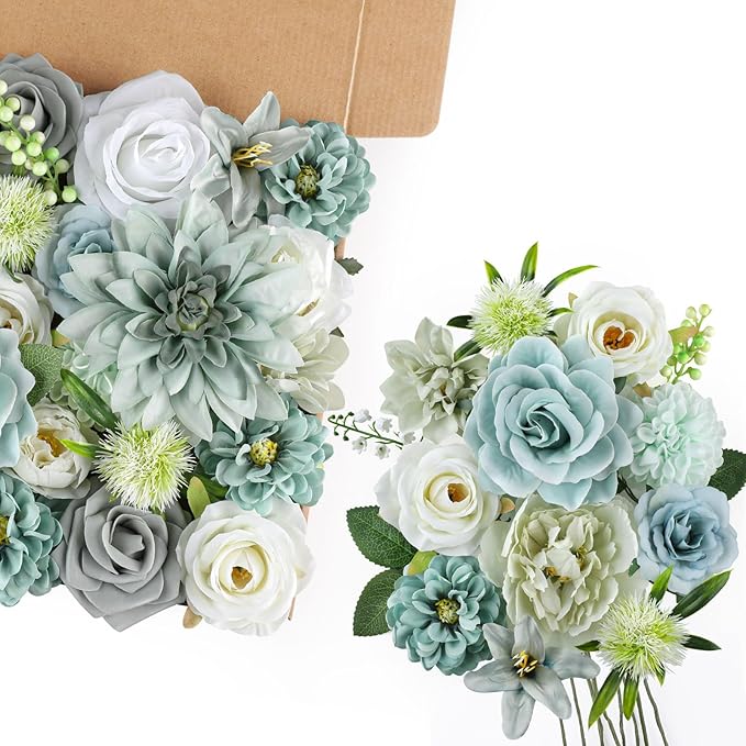 AmyHomie Teal Blue Artificial Flowers Combo Silk Mix Peony Rose Fake Flowers w/Stem for DIY Wedding Bouquets Centerpieces Arrangements Table Fall Decor Party Bridal Baby Shower Home Decorations