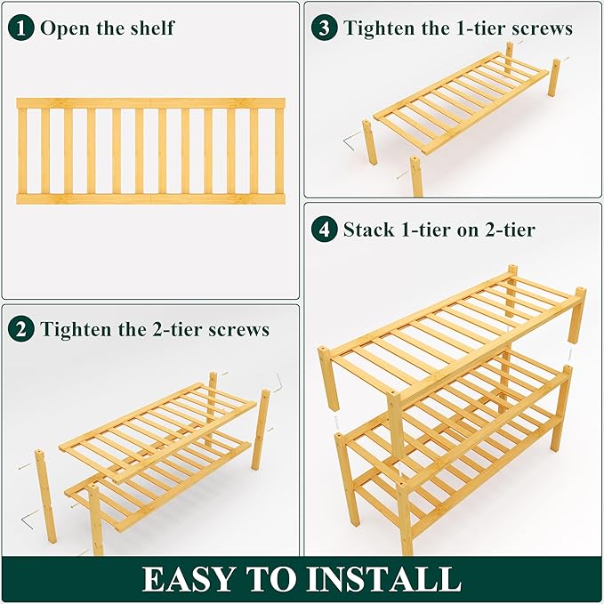 Smiry Shoe Rack, 3 Tier Bamboo Shoe Organizer, Stackable Free Standing Wooden Shoe Storage Shelf for Closet, Entryway, Front Door Entrance, Natural