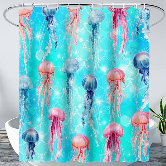 AILONEN Jellyfish Shower Curtain for Bathroom, Ocean Mermaid Scale Printed Bath Curtain,Modern Minimalist Blue Waterproof Fabric Shower Curtain Set with Hooks 36" W*72" H