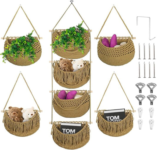 4 Tier Hanging Fruit Basket for Kitchen, 4 Pack Detachable Cotton Crocheted Wall Hanging Baskets Shelf Over Door Organizer for Fruit Veggie Plant, Hanging Storage Basket for Bathroom Bedroom(Brown)