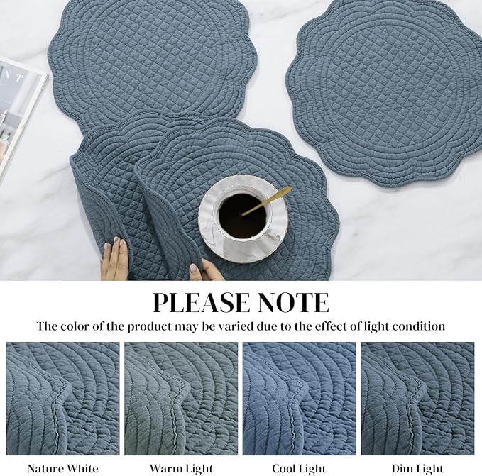 HOMBYS Quilted Placemats Set of 6 Washable Round Placemats for Kitchen Table-100% Cotton Fabric 13 Inch Round Table Mats, Cotton Fabric with Microfiber Filling, (13"x13", Blue)