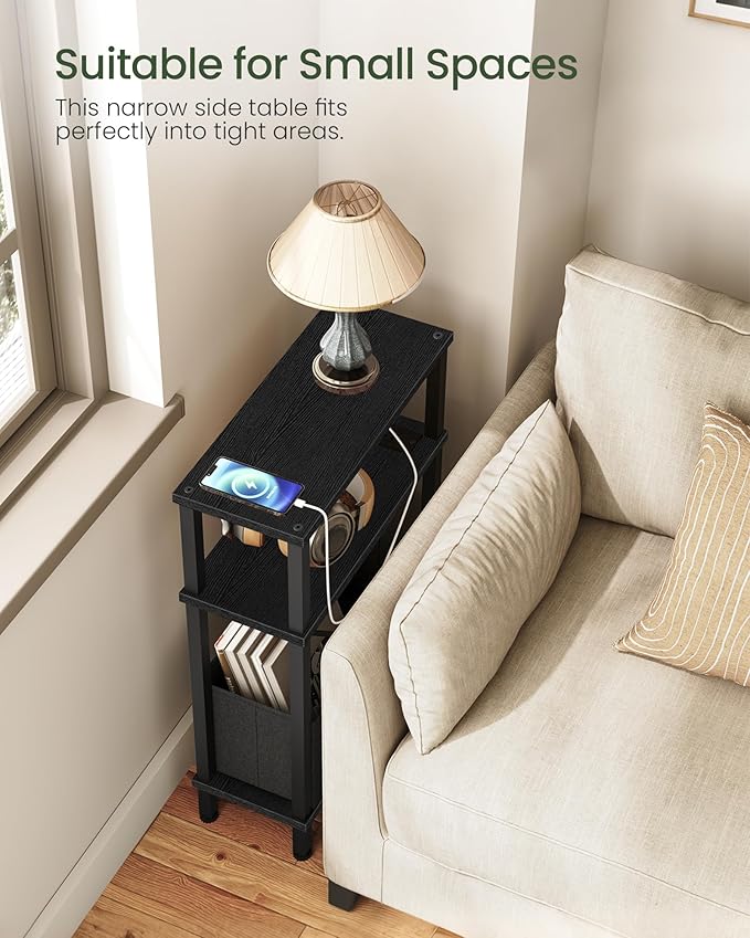 Small Narrow Side Table with Charging Station, Skinny End Table with Fabric Basket, Slim Nightstand for Small Spaces, Sofa Side Table, for Living Room, Bedroom, Black TBZ07UBB
