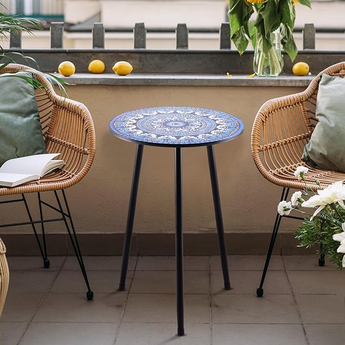 1 Pack Metal Mosaic Round Side Table 13.4" Small End Table for Patio Round Accent Garden Corner Stand for Small Spaces Weather-Resistant for Balcony Plant Stand Indoor Outdoor