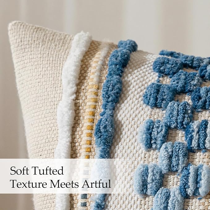 ANRODUO Pack of 2 Boho Decorative Throw Pillow Covers 18x18 Farmhouse Cushion Case Striped Chenille Pillow Cases Coastal Throw Pillows Accent Neutral Pillowcase for Sofa Couch Bed, Sky Blue Stripe