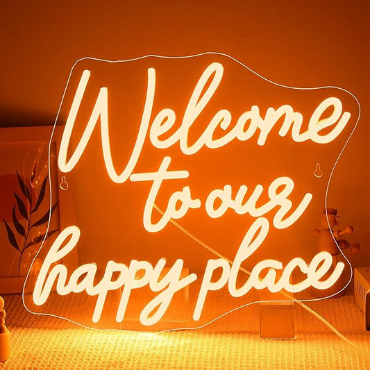 NOSUN WELCOME TO OUR HAPPY PLACE Neon Sign Happy Place Neon Signs for Wall Decor Dimmable Warm White LED Signs for Bedroom Classroom Man Cave Home Bar Birthday Party Game Zone Decor Neon Classroom Sign