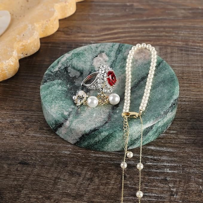 Koville Luxury Stone Jewelry Dish, Small Round Trinket Tray for Ring Necklace Earring, 4" Decorative Dish, Aesthetic Home Table Decor, Natural Stone Soap Dish for Bathroom Kitchen(Green)