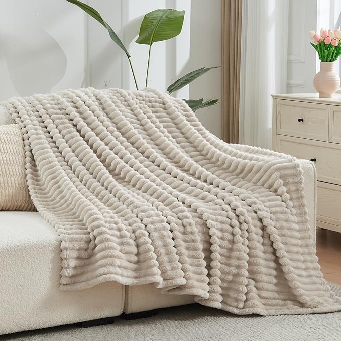 NEWCOSPLAY Super Soft Queen Blanket Linen Premium Silky Flannel Fleece 3D Ribbed Jacquard Lightweight Bed Blanket All Season Use (Linen Ribbed, Queen(90"x90"))