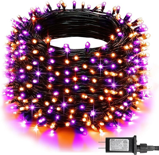 Dazzle Bright Halloween String Lights, 600 LED 196 FT Waterproof Green Wire String Lights with 8 Lighting Modes, Halloween Decorations Outdoor for Party Yard Garden Decor, Purple and Orange