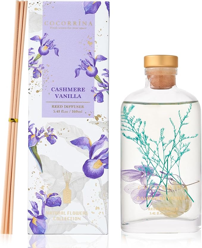 COCORRÍNA Reed Diffuser - Cashmere Vanilla 5.41 oz Flower Reed Diffuser Set with Sticks, Bedroom Bathroom Shelf Decor (Scented Blooms Collection)