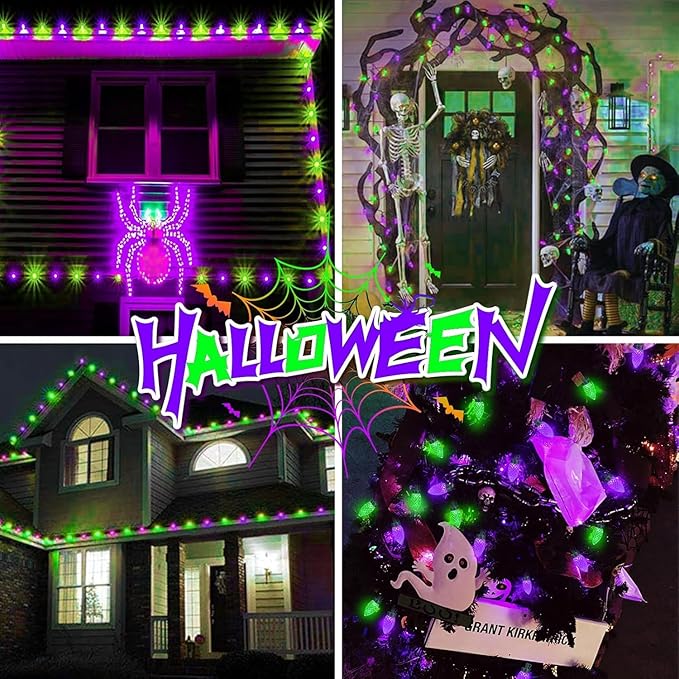 KAQ 2PK 100LED Purple and Green C9 Halloween Lights Waterproof Indoor Outdoor, Extendable 98FT String Lights Plug in with 13 Lighting Modes, Halloween Decorations for Party Patio, Outside Yard Decor