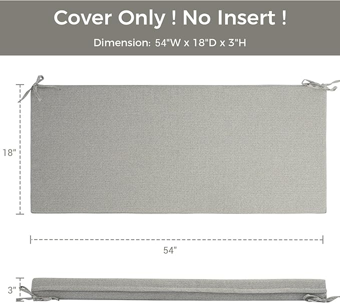 Patio Bench Cushion Covers for Outdoor Furniture with Ties,Water Resistant Loveseat/Settee Cushion Slipcover 54x18x3 Inch for Swing Porch Garden(Replacement Cover Only)-Warm Grey