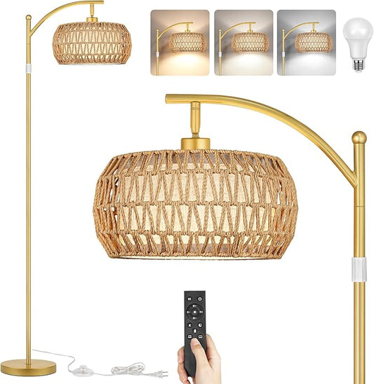 ROTTOGOON Boho Floor Lamp with Dimmable Bulb, Rattan &Linen Double Shades, Boho Standing Tall Lamps with Foot Switch, Gold Bohemian Floor Lamps for Living Room, Bedroom, Office