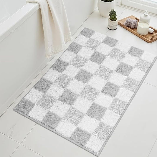 GRANNY SAYS Checkered Grey Bathroom Rugs, 36" x 24", Non-Slip Bath Mats for Bathroom, Plush Shag Absorbent Microfiber Ultra Soft Bath Mat, Cute Washable Rug for Tub, Shower, Bedroom